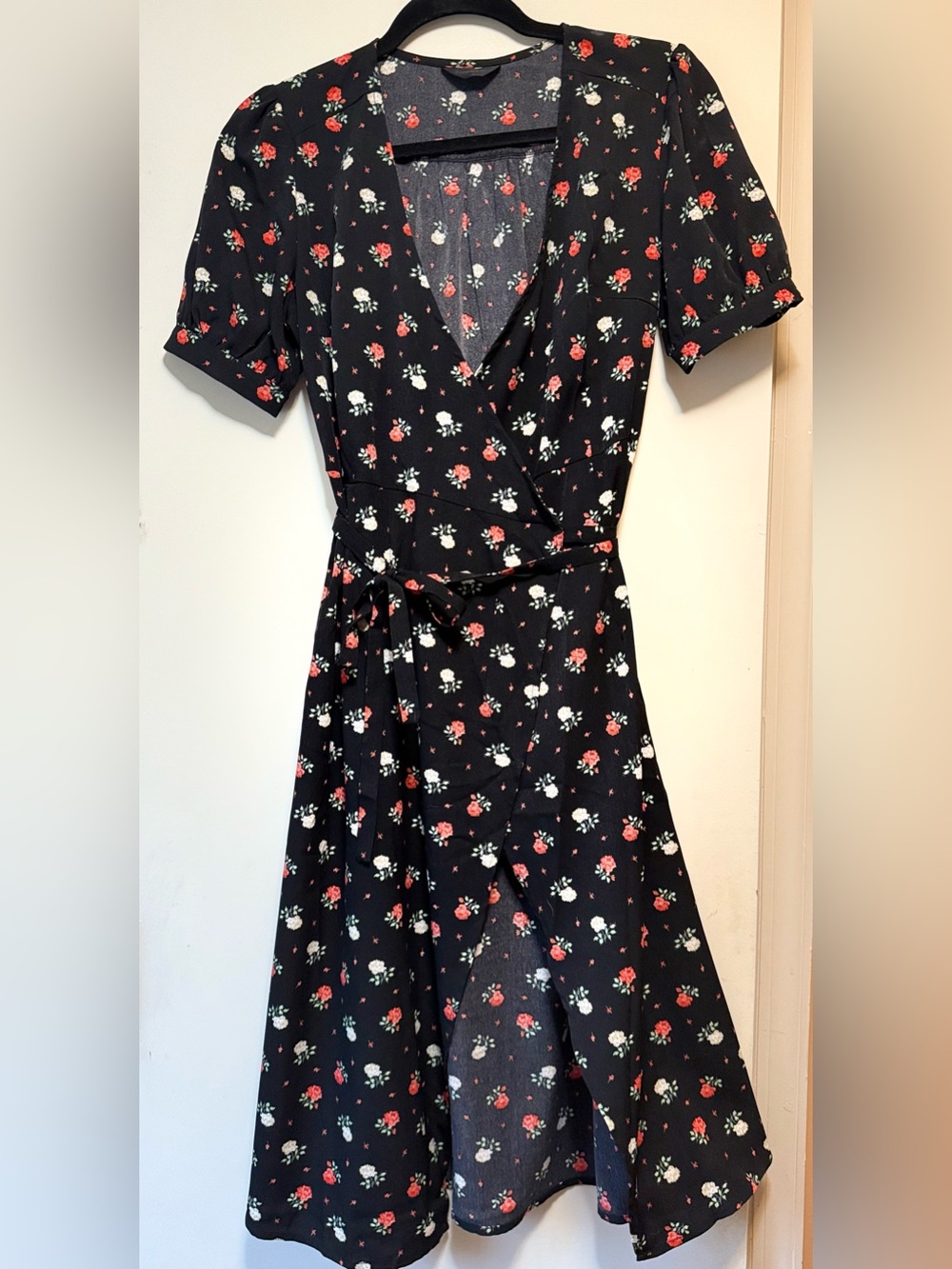 Commense Black Midi Wrap Dress with Red and White Floral Print